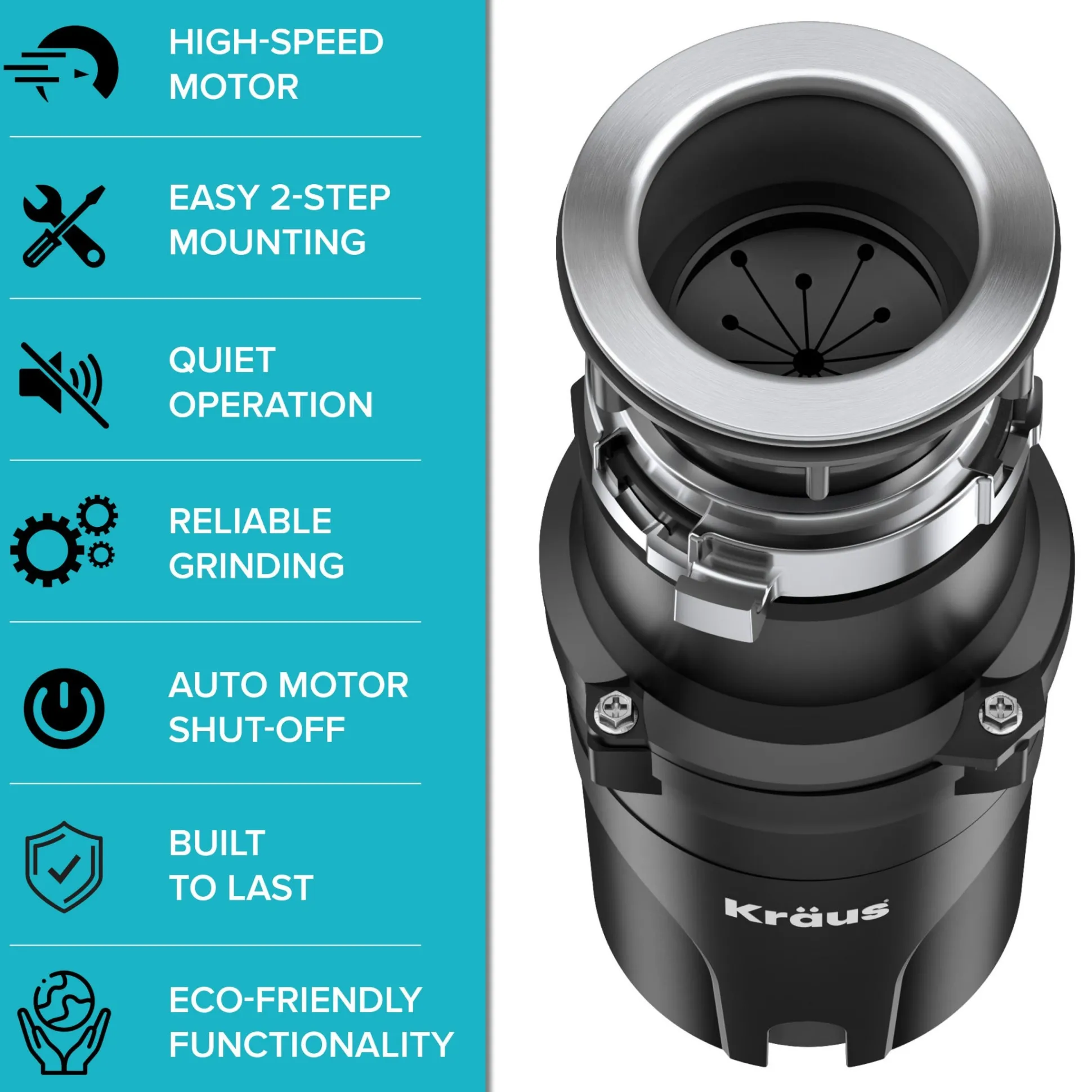 High-Speed 1/2 HP Continuous Feed Ultra-Quiet Motor Garbage Disposal with Quick Connect Mount, Power Cord and Flange Included