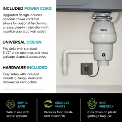1/2 HP Continuous Feed Garbage Disposal with Ultra-Quiet Motor for Kitchen Sink with Power Cord and Flange Included