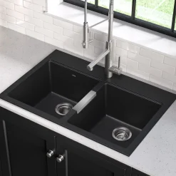 33 Inch Dual Mount 50/50 Double Bowl Granite Kitchen Sink w/ Top mount and Undermount Installation in Black Onyx with WasteGuard™ Continuous Feed Garbage Disposal