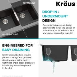 33 Inch Dual Mount 50/50 Double Bowl Granite Kitchen Sink w/ Top mount and Undermount Installation in Black Onyx with WasteGuard™ Continuous Feed Garbage Disposal