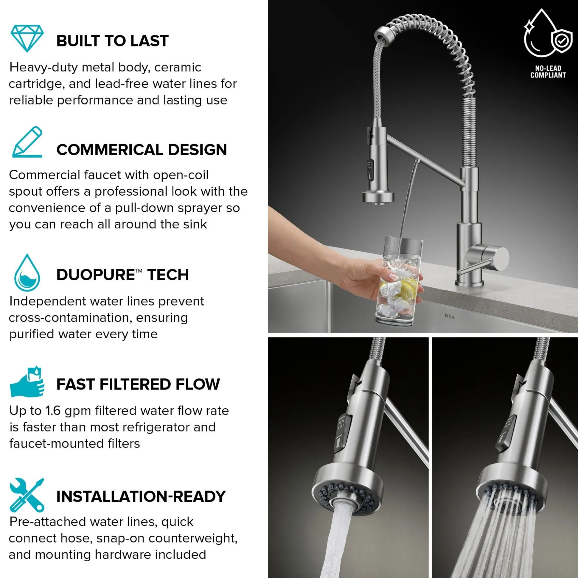 2-in-1 Commercial Style Pull Down Single Handle Water Filter Kitchen Faucet for Reverse Osmosis or Water Filtration System in Spot-Free Brushed Brass