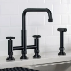 Industrial Bridge Kitchen Faucet with Side Sprayer in Matte Black