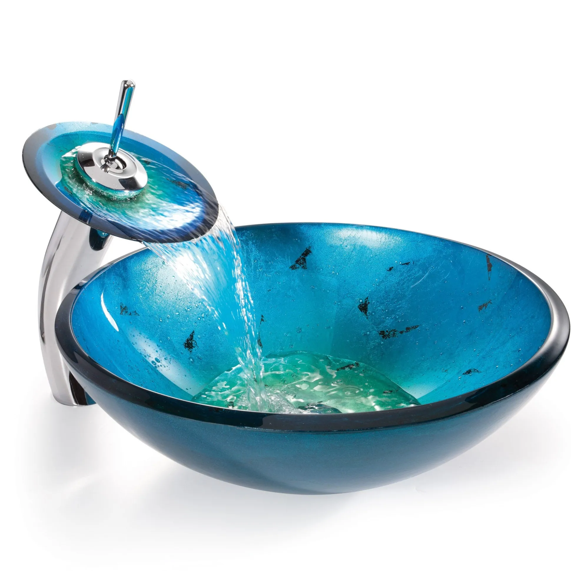 Irruption Blue Glass Vessel 16 1/2" Bathroom Sink w/ Pop-Up Drain in Satin Nickel