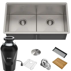 Kore™ Workstation 33-inch Undermount 16 Gauge Double Bowl Stainless Steel Kitchen Sink with Accessories (Pack of 8) with WasteGuard™ Continuous Feed Garbage Disposal