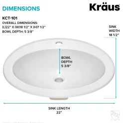 22” Oval Porcelain CeramicSelf-Rimming Drop-InTop MountBathroom Sinkin Whitewith OverflowDrain
