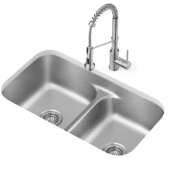 Premier 32” Undermount 50/50 Double Bowl 18-Gauge Stainless Steel Kitchen Sink and Commercial Style Pull Down Faucet in Spot-Free Stainless Steel
