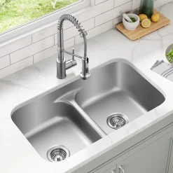 Premier 32” Undermount 50/50 Double Bowl 18-Gauge Stainless Steel Kitchen Sink and Commercial Style Pull Down Faucet in Spot-Free Stainless Steel