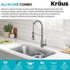 Premier 32” Undermount 50/50 Double Bowl 18-Gauge Stainless Steel Kitchen Sink and Commercial Style Pull Down Faucet in Spot-Free Stainless Steel