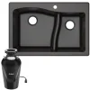 Quarza™ 33” Dual Mount 60/40 Double Bowl Granite Kitchen Sink in Black with WasteGuard™ Continuous Feed Garbage Disposal