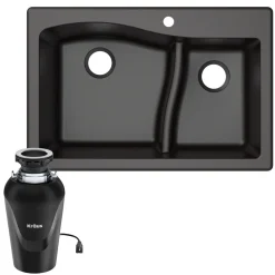 Quarza™ 33” Dual Mount 60/40 Double Bowl Granite Kitchen Sink in Black with WasteGuard™ Continuous Feed Garbage Disposal