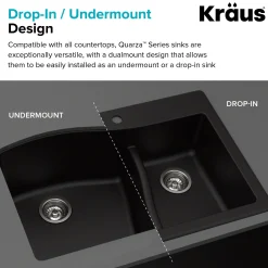 Quarza™ 33” Dual Mount 60/40 Double Bowl Granite Kitchen Sink in Black with WasteGuard™ Continuous Feed Garbage Disposal