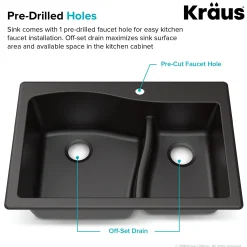 Quarza™ 33” Dual Mount 60/40 Double Bowl Granite Kitchen Sink in Black with WasteGuard™ Continuous Feed Garbage Disposal