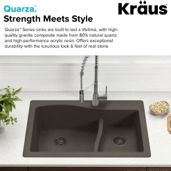 Quarza™ 33” Dual Mount 60/40 Double Bowl Granite Kitchen Sink in Black with WasteGuard™ Continuous Feed Garbage Disposal
