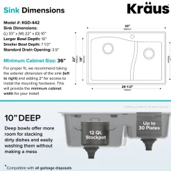 Quarza™ 33” Dual Mount 60/40 Double Bowl Granite Kitchen Sink in Black with WasteGuard™ Continuous Feed Garbage Disposal