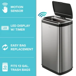 Rectangular 13 Gallon Touchless Motion Sensor Trash Can in Fingerprint Resistant Stainless Steel Finish withSoftShut Lid