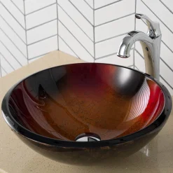 Red/Black/Gold Glass Vessel 17" Bathroom Sink