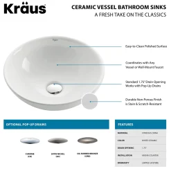 16" Round Vessel Ceramic Bathroom Sink in White with Pop-Up Drain in Chrome
