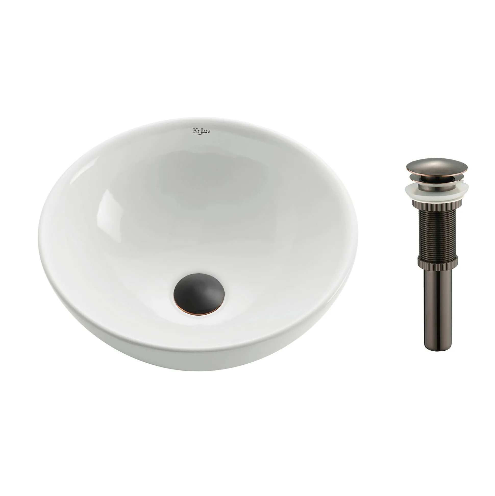 16" Round Vessel Ceramic Bathroom Sink in White with Pop-Up Drain in Oil Rubbed Bronze