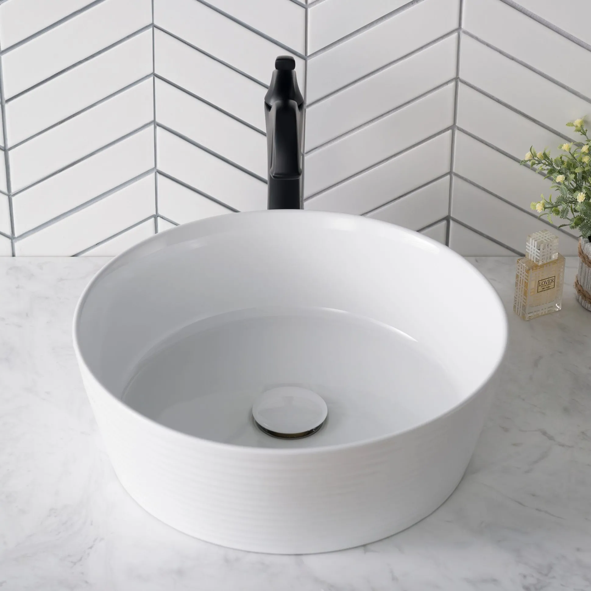 15 3/4" Round Vessel Ceramic Bathroom Sink in White with Pop Up Drain