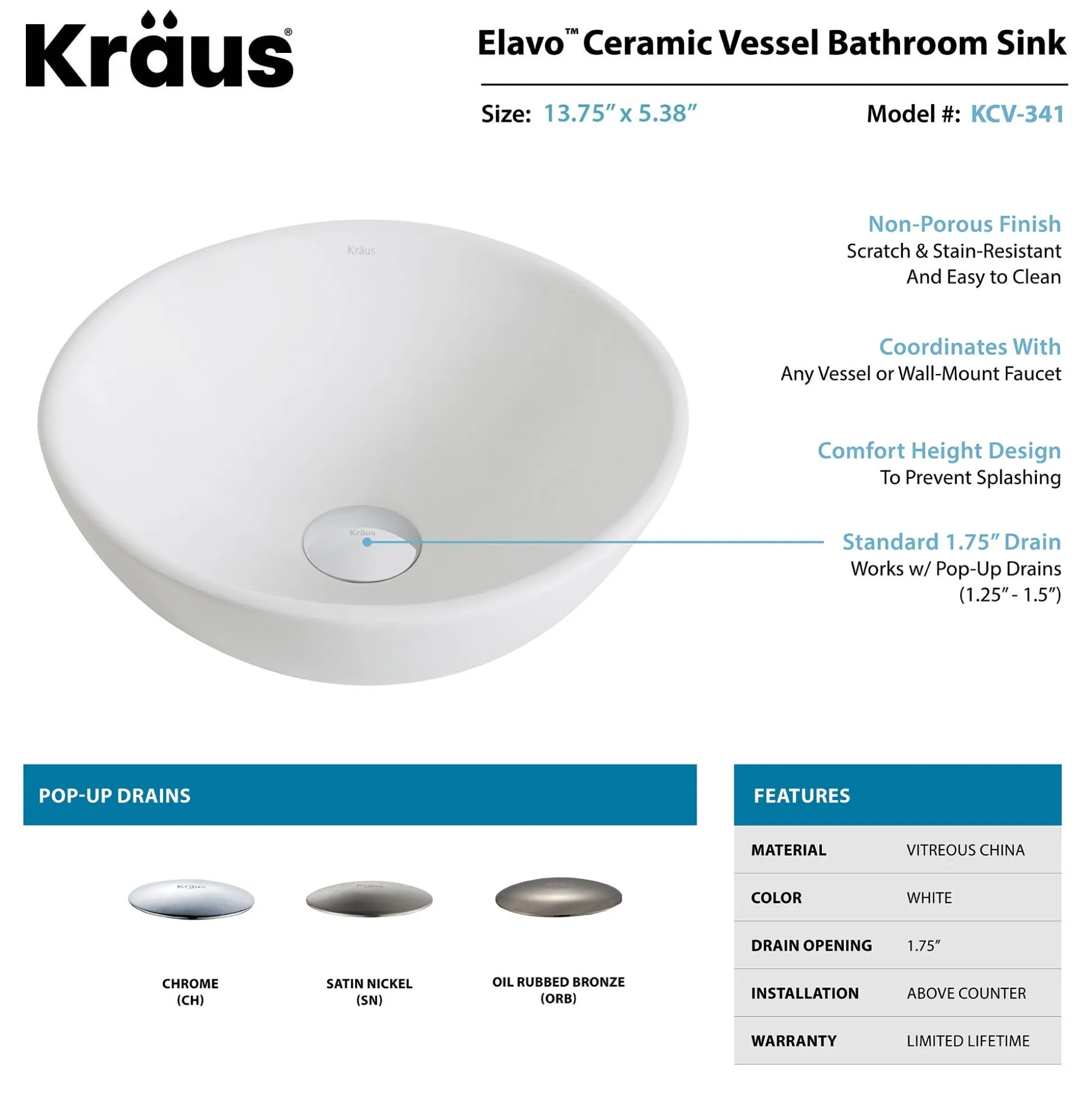 14" Round Vessel Ceramic Bathroom Sink in White with Pop-Up Drain in Brushed Nickel