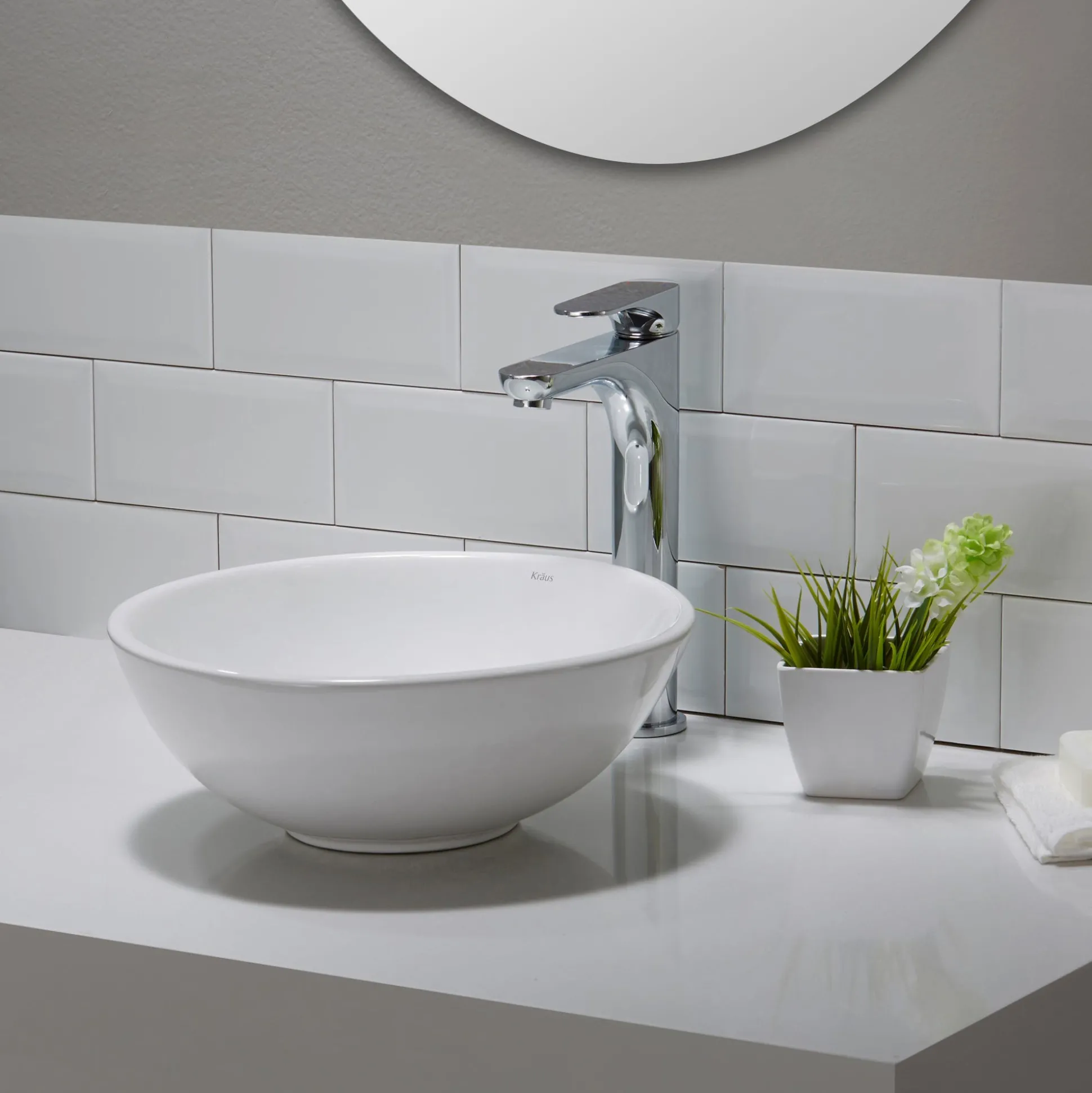 14" Round Vessel Ceramic Bathroom Sink in White with Pop-Up Drain in Brushed Nickel