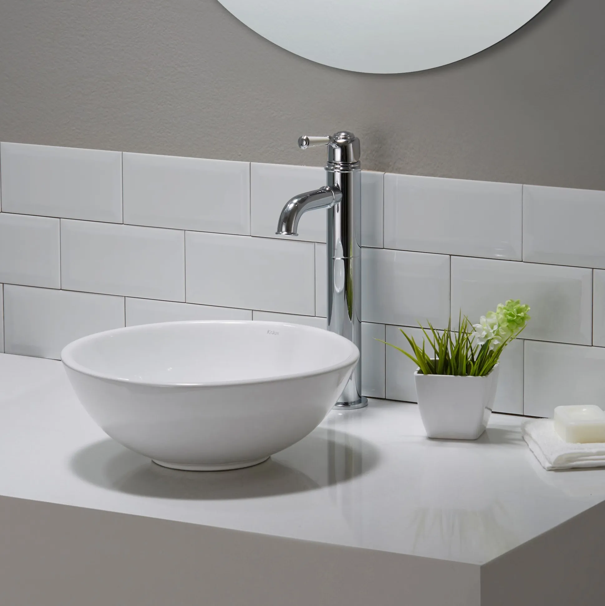 14" Round Vessel Ceramic Bathroom Sink in White with Pop-Up Drain in Oil Rubbed Bronze