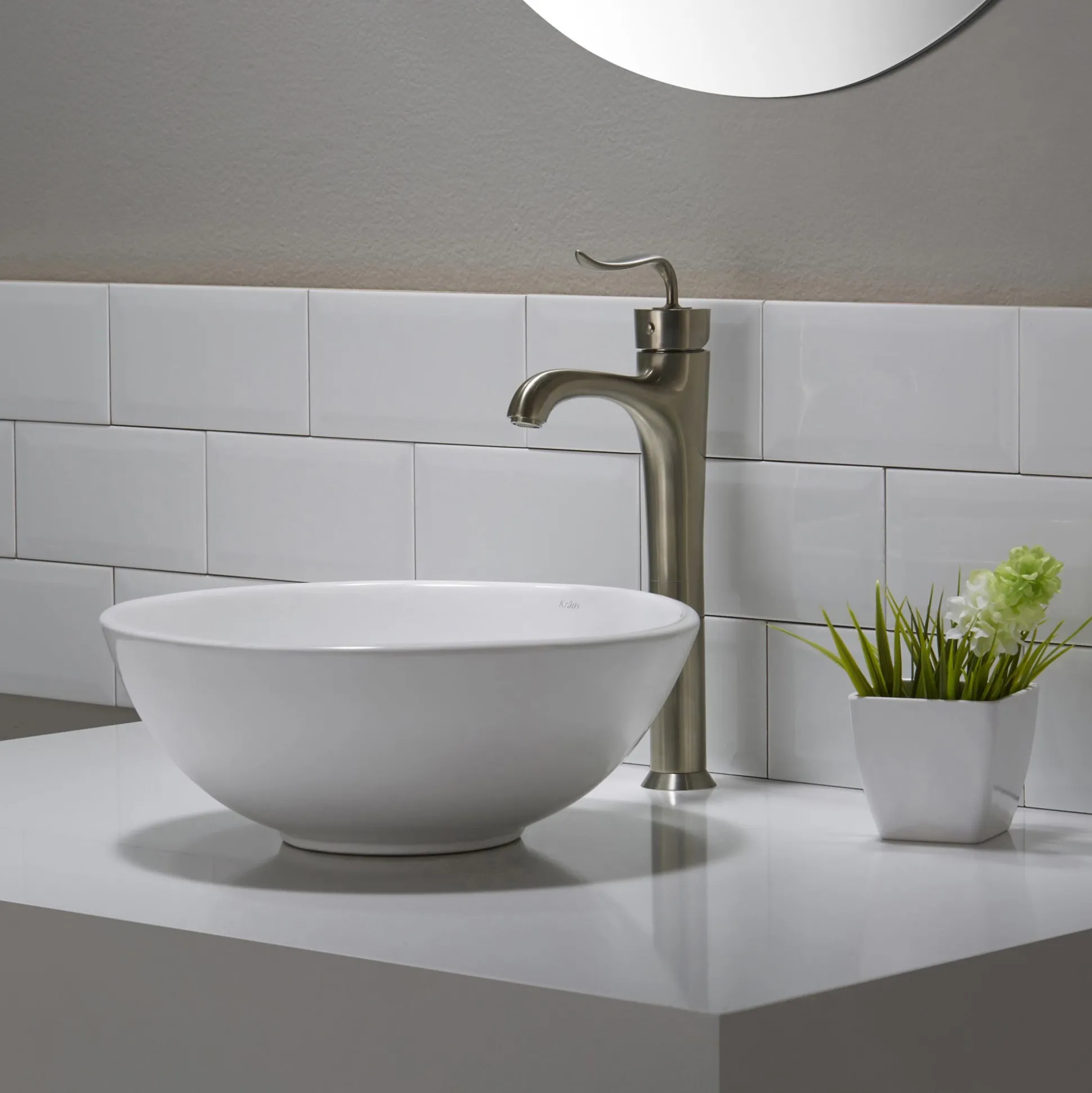 14" Round Vessel Ceramic Bathroom Sink in White with Pop-Up Drain in Oil Rubbed Bronze