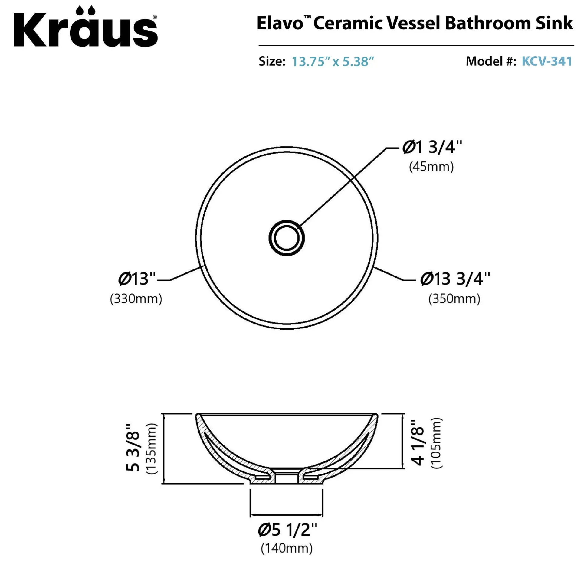 14" Round Vessel Ceramic Bathroom Sink in White with Pop-Up Drain in Oil Rubbed Bronze