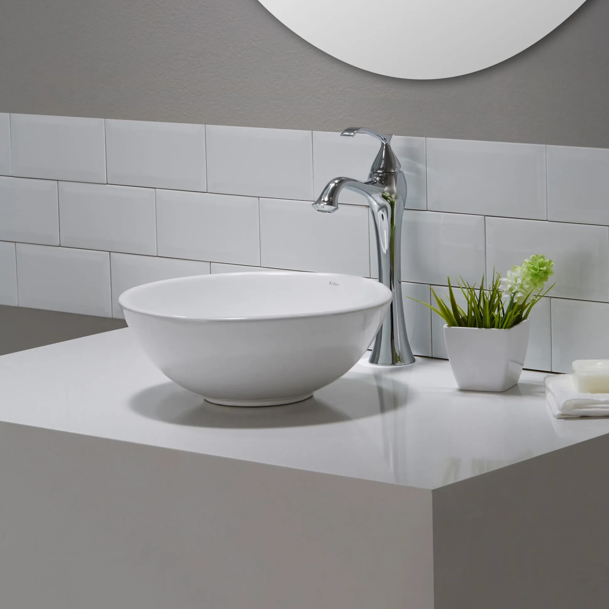 14" Round Vessel Ceramic Bathroom Sink in White with Pop-Up Drain in Oil Rubbed Bronze