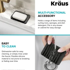 Self-Draining Silicone Dish Drying Mat or Trivet and Silicone Soap Dish / Sponge Holder for Bathroom or Kitchen Counter in Black