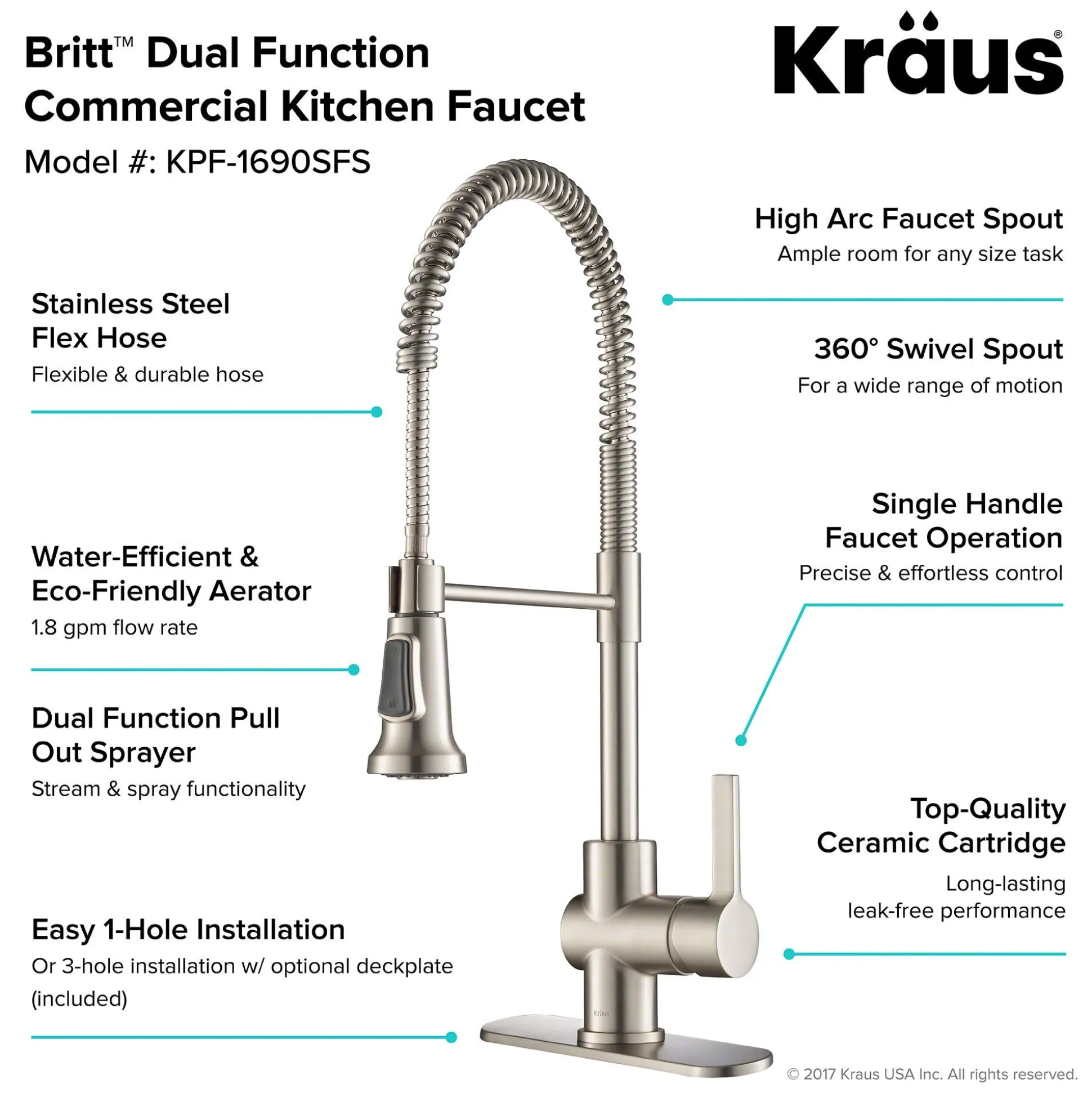 Single Handle Commercial Style Kitchen Faucet in Spot Free Stainless Steel Finish