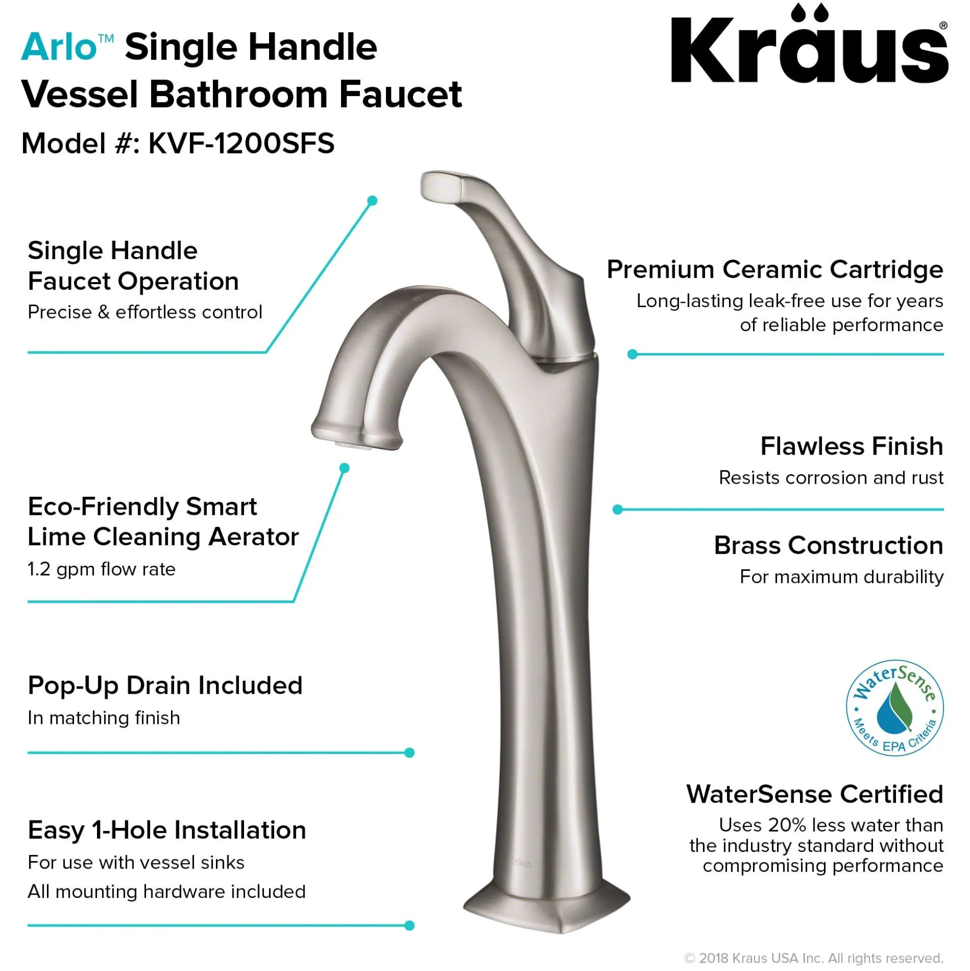 Single Handle Vessel Bathroom Faucet with Pop-Up Drain in Spot Free Stainless Steel (2-Pack)