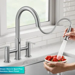 Touchless Sensor Bridge Kitchen Faucet with Pull-Down Sprayhead in Matte Black