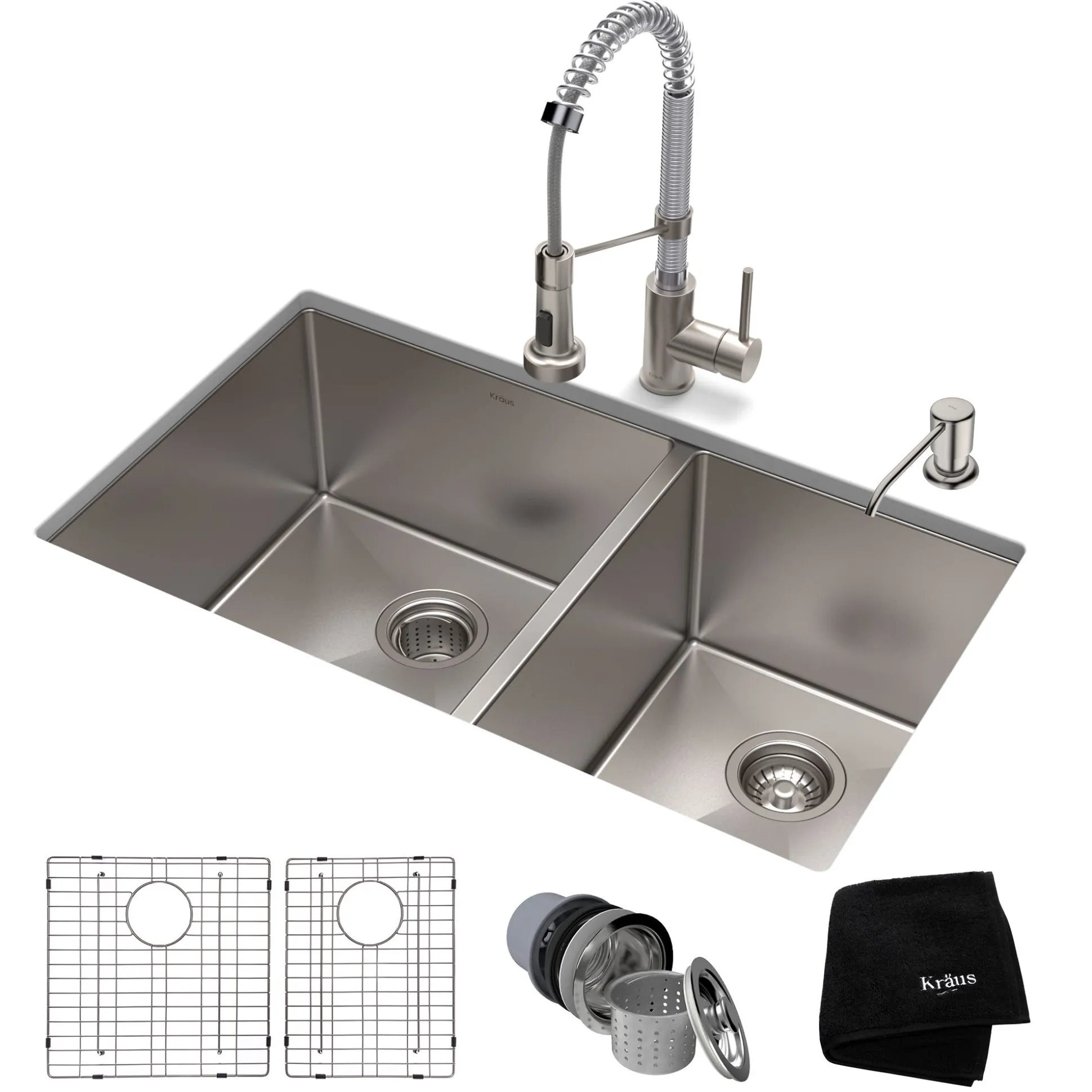 33" Undermount Kitchen Sink w/ Bolden Commercial Pull-Down Faucet and Soap Dispenser in Stainless Steel/Chrome