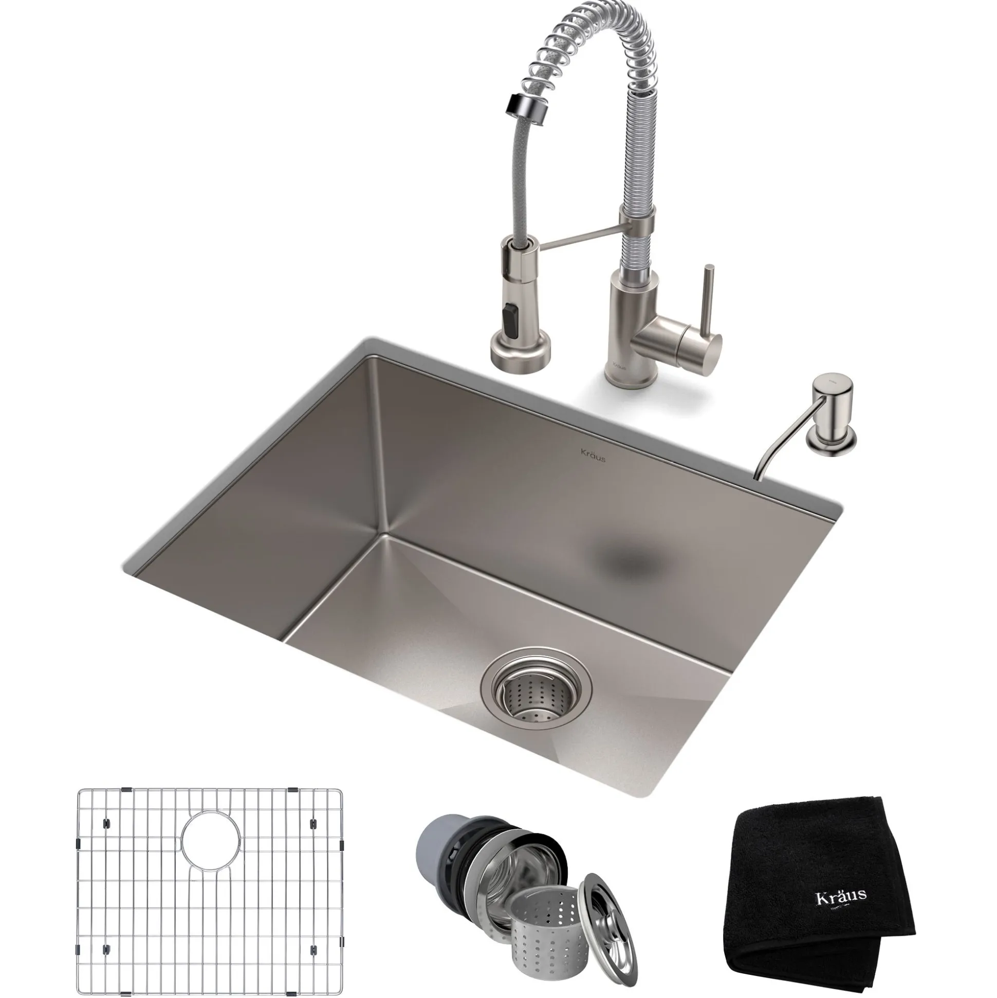 23" Undermount Kitchen Sink w/ Bolden Commercial Pull-Down Faucet and Soap Dispenser in Stainless Steel/Chrome