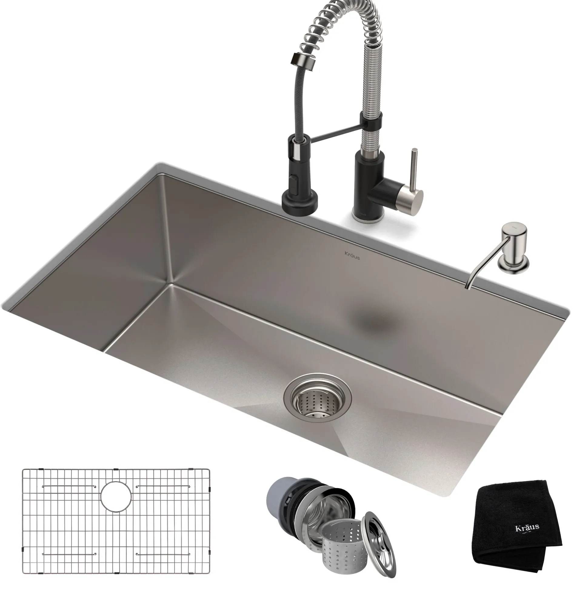 32" Undermount Kitchen Sink w/ Bolden Commercial Pull-Down Faucet and Soap Dispenser in Stainless Steel/Matte Black