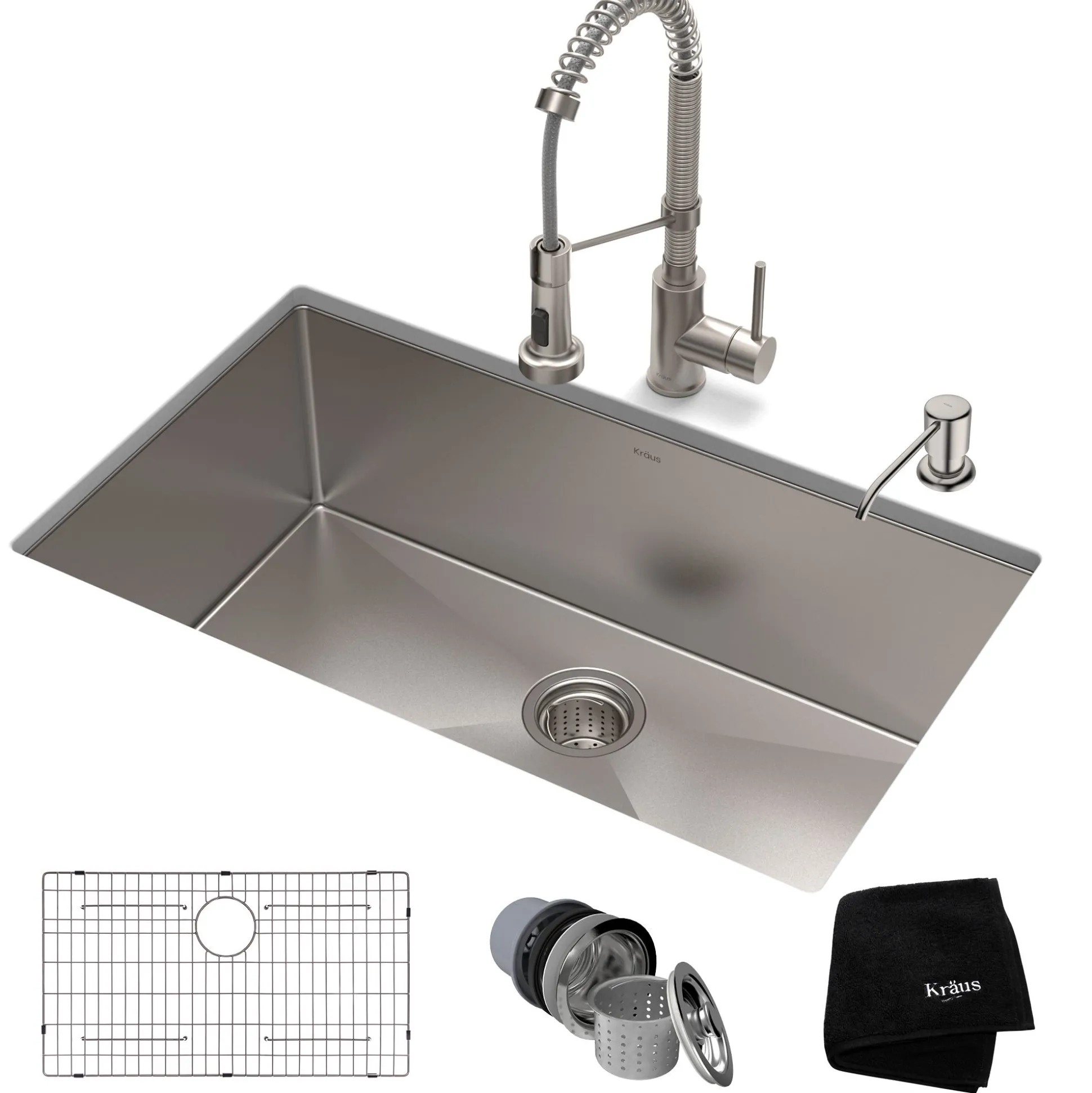 32" Undermount Kitchen Sink w/ Bolden Commercial Pull-Down Faucet and Soap Dispenser in Stainless Steel