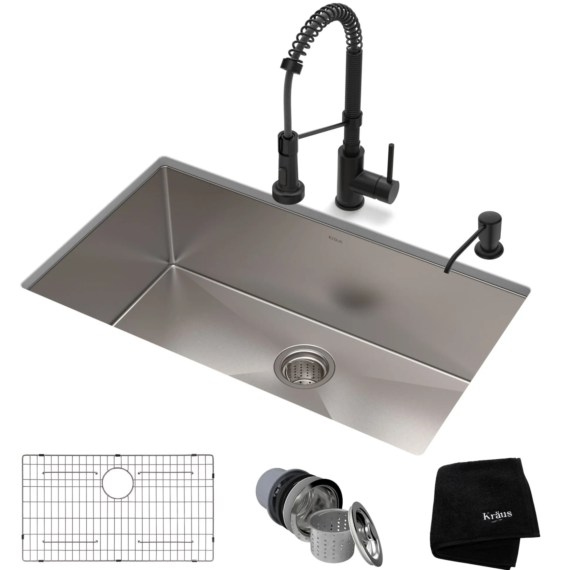 32" Undermount Kitchen Sink w/ Bolden Commercial Pull-Down Faucet and Soap Dispenser in Matte Black