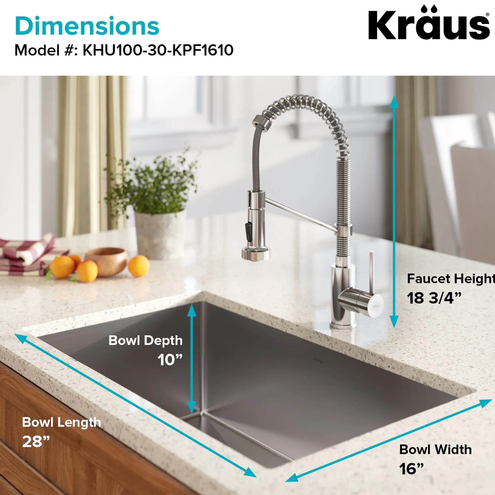 30" Undermount Kitchen Sink w/ Bolden Commercial Pull-Down Faucet and Soap Dispenser in Chrome