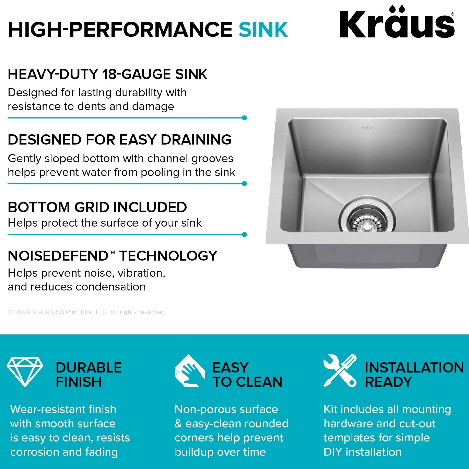 15” Undermount Single Bowl 18-Gauge Stainless Steel Kitchen Bar Sink