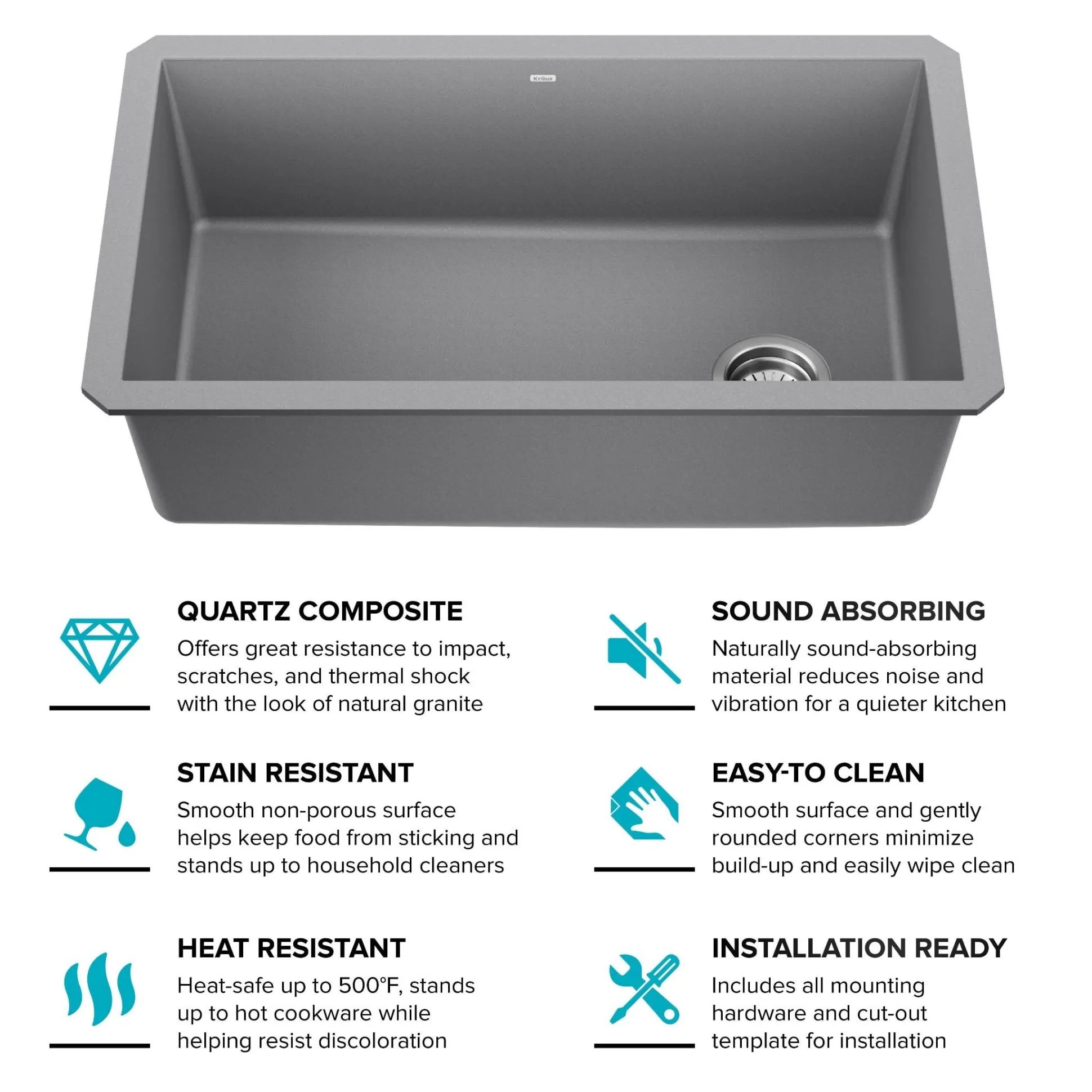 32” Undermount Single Bowl Granite Kitchen Sink in Grey