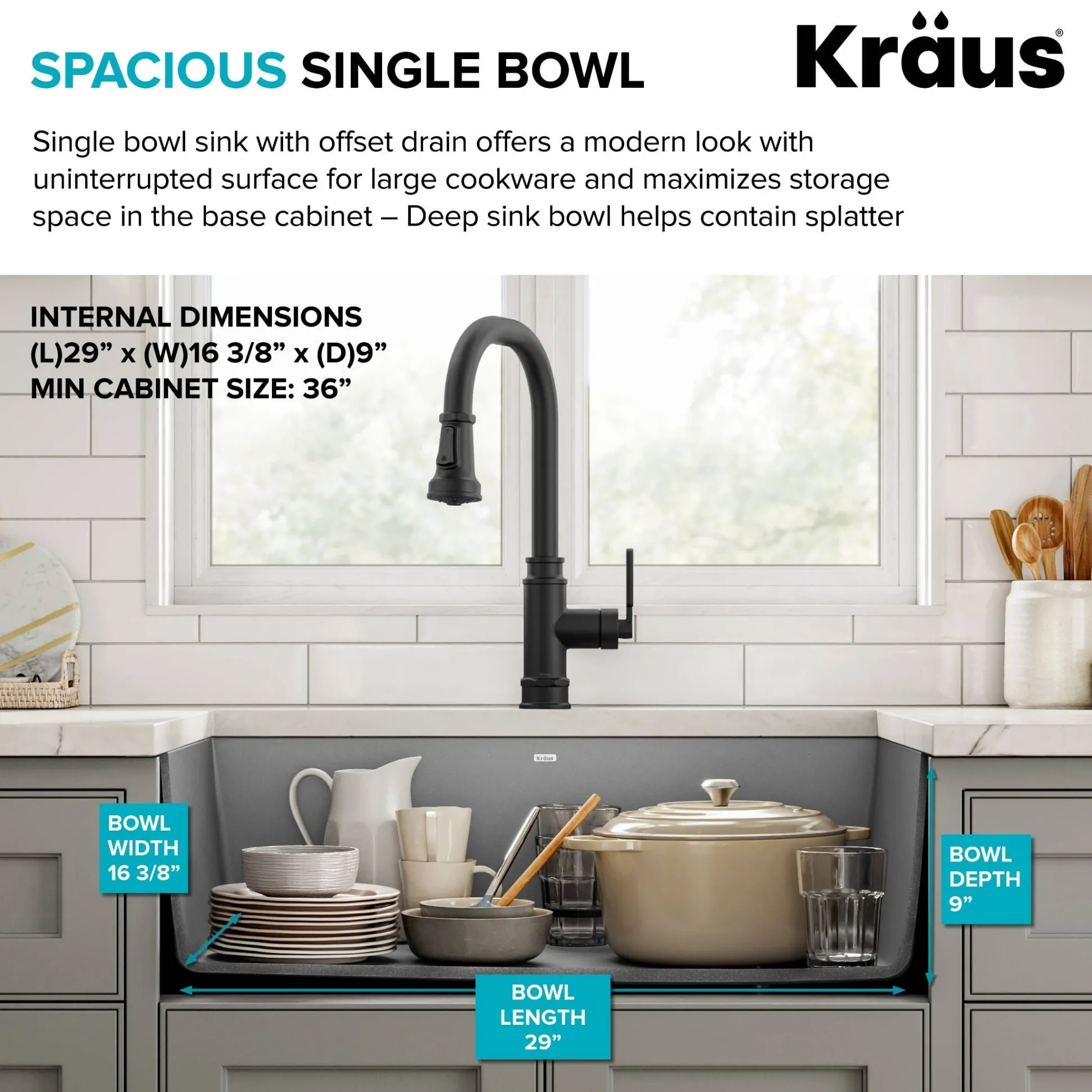 32” Undermount Single Bowl Granite Kitchen Sink in Grey