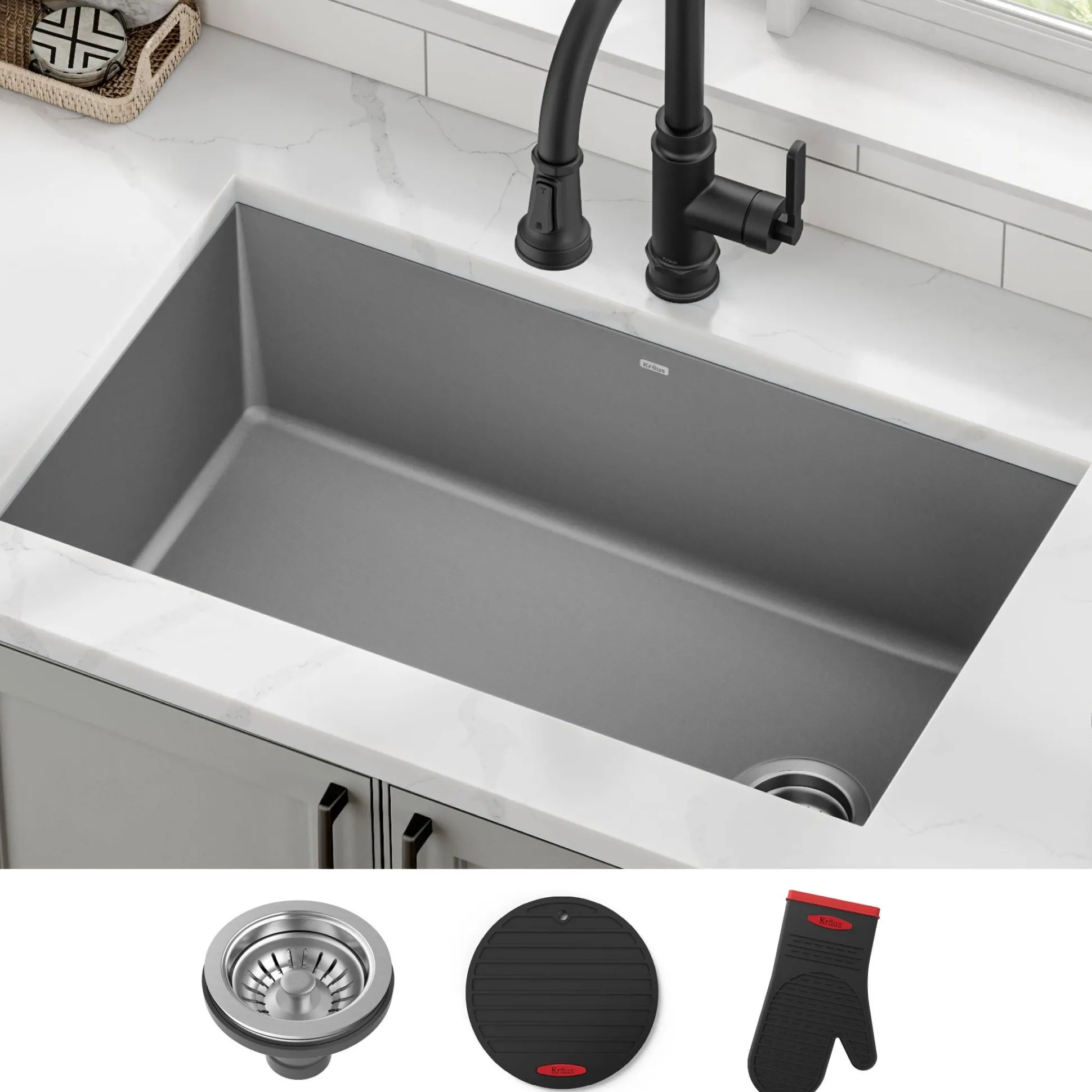 32” Undermount Single Bowl Granite Kitchen Sink in Grey
