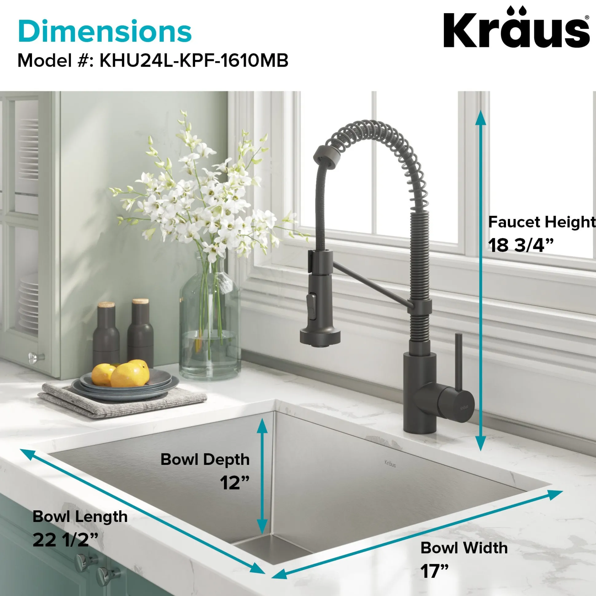 24" Undermount Utility Sink w/ Bolden Commercial Pull-Down Faucet and Soap Dispenser in Matte Black