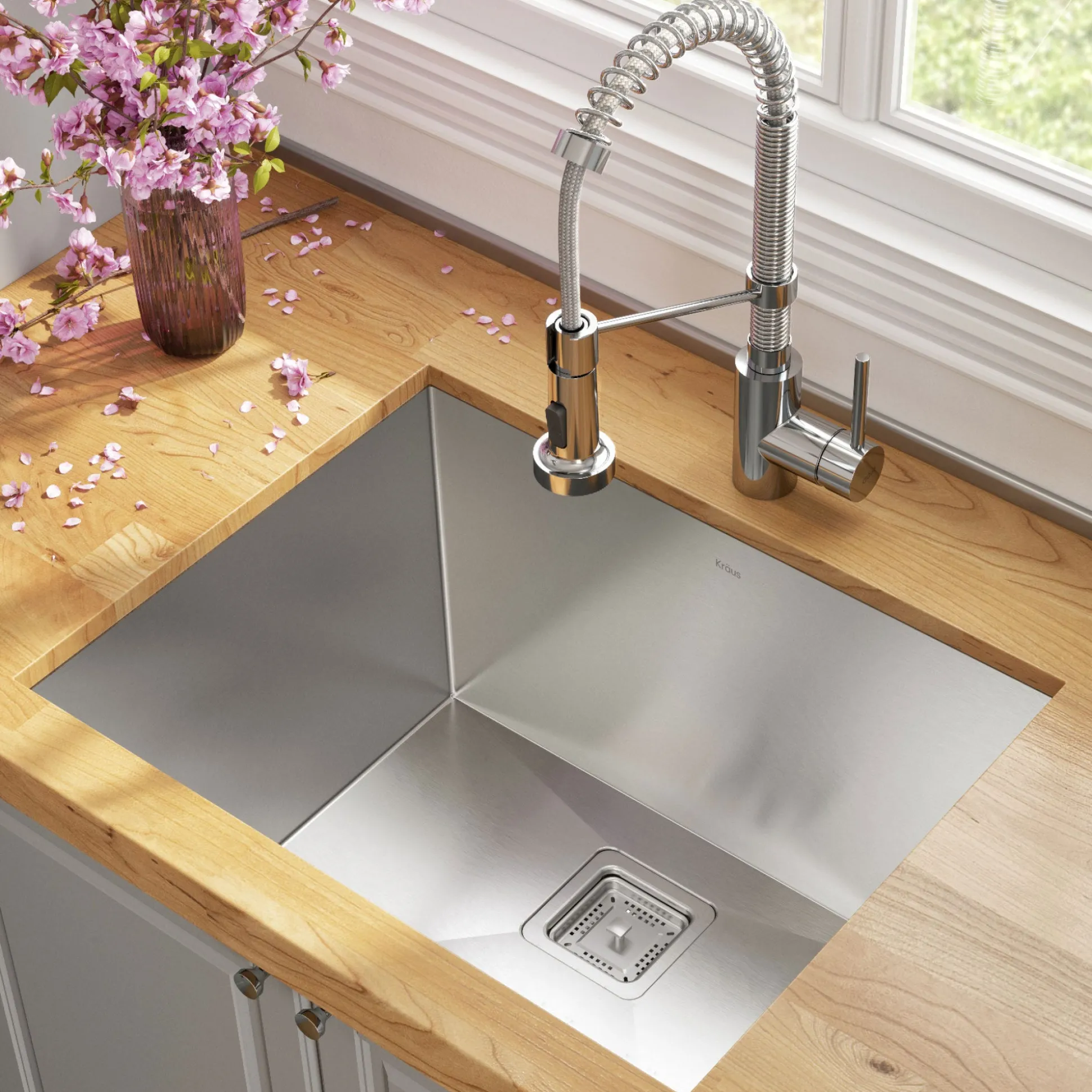 24" Undermount Utility Sink w/ Bolden Commercial Pull-Down Faucet and Soap Dispenser in Chrome