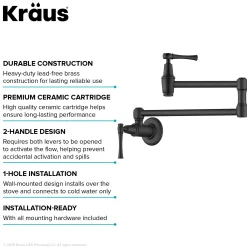 Wall Mount Pot Filler Kitchen Faucet with Retractable Arm in Matte Black