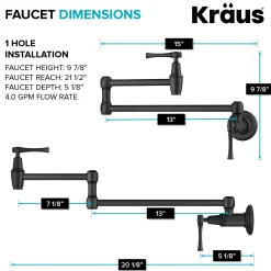 Wall Mount Pot Filler Kitchen Faucet with Retractable Arm in Matte Black