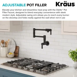 Wall Mount Pot Filler Kitchen Faucet with Retractable Arm in Matte Black