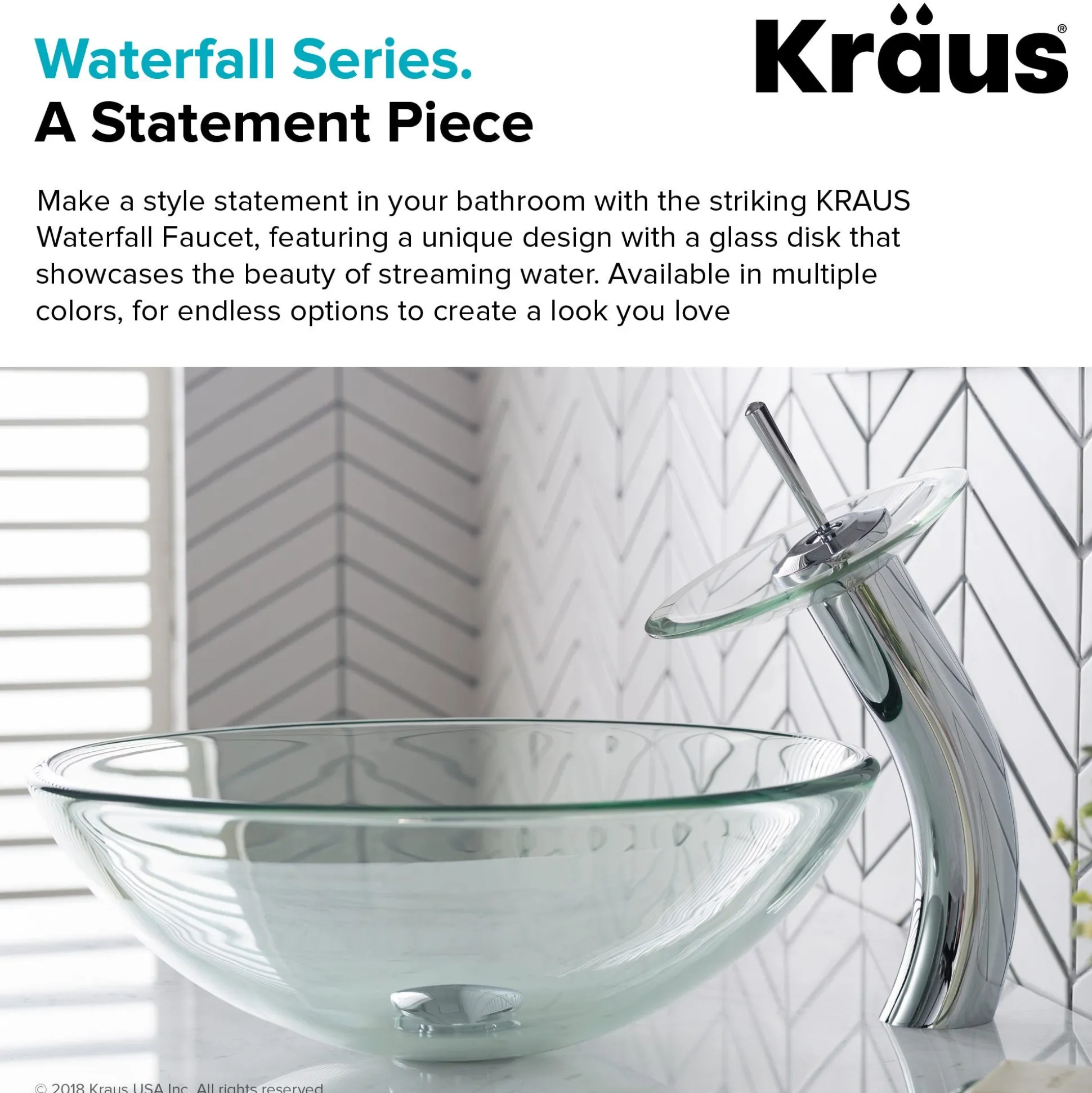 Waterfall Bathroom Faucet with Clear Glass Disk in Chrome