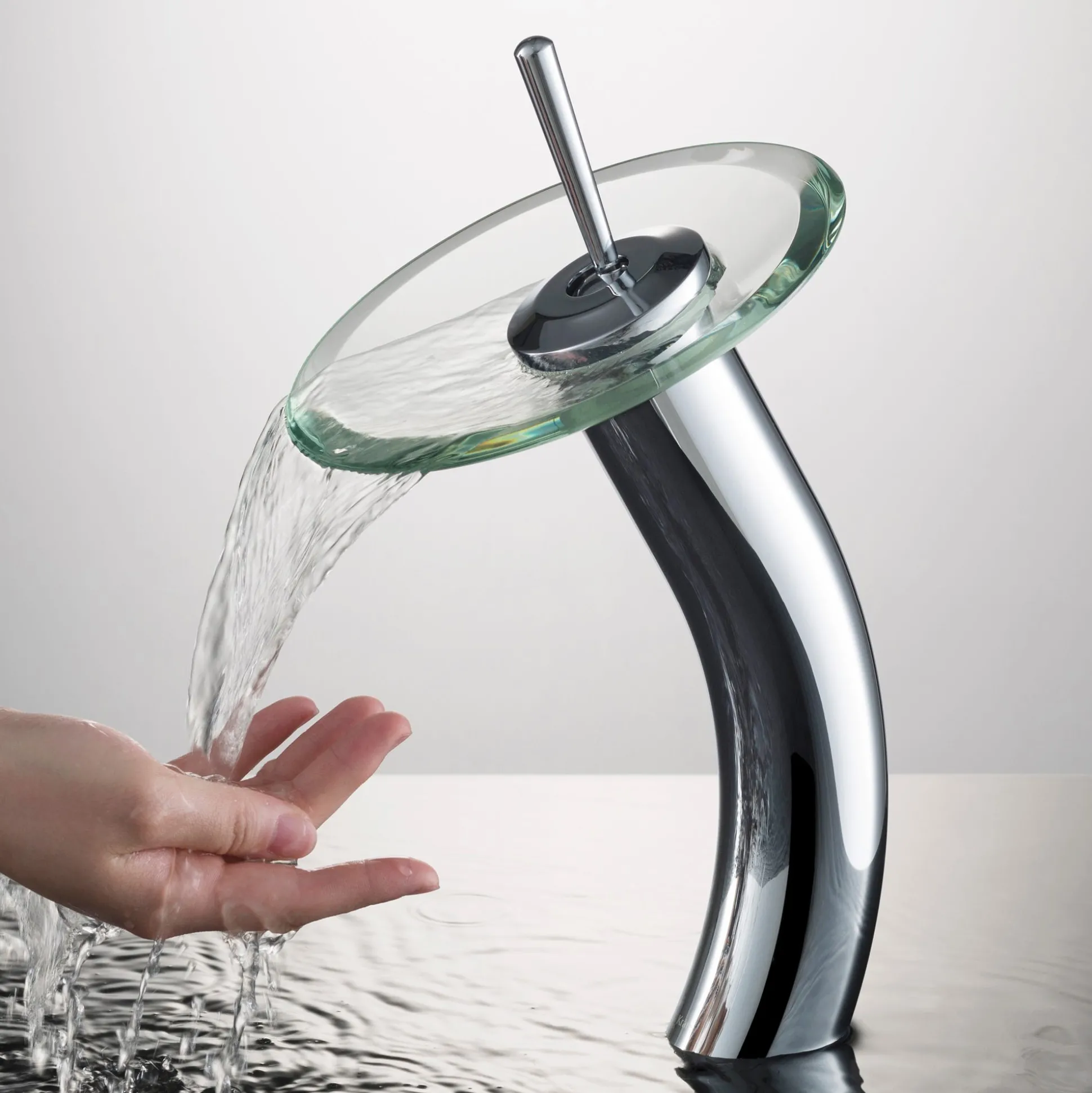 Waterfall Bathroom Faucet with Clear Glass Disk in Chrome